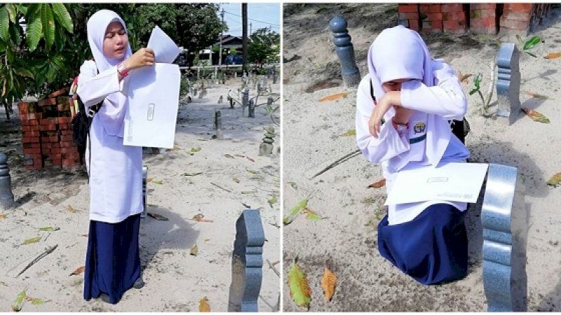 Seorang siswi SD yang baru lulus ujian sekolah, membacakan hasilnya di depan makam ibunya.