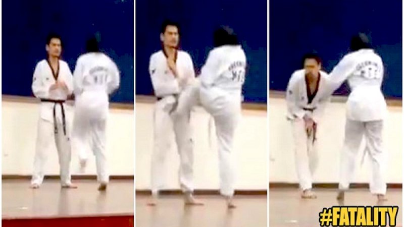 Seorang taekwondo tak sengaja menendang biji pelatihnya.