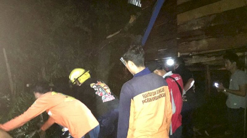 Petugas dari BPBD Wajo, mengevakuasi pohon tumbang yang menimpa rumah warga.