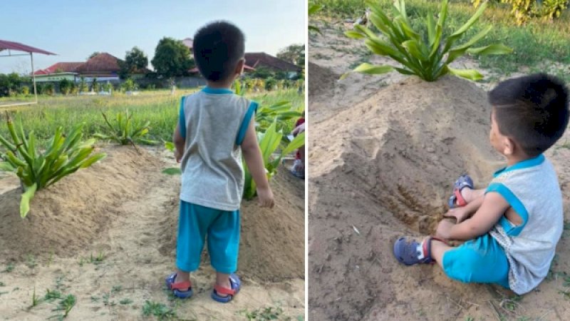 Arfan bermain di tanah kuburan kedua orang tuanya.