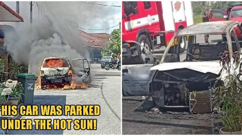 Sebuah mobil terbakar, setelah power bank meledak.