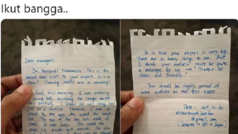 Surat turis Jepang yang terkesan dengan kerja tenaga kesehatan Bandara Soekarno Hatta (Foto : @mantriss/Twitter)