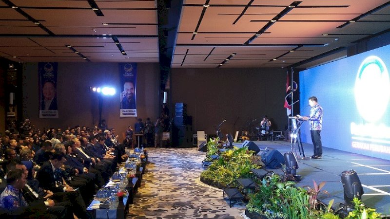 Ketua NasDem Sulsel, Rusdi Masse menyampaikan laporan pada NasDem Days, Sabtu (25/1/2020).