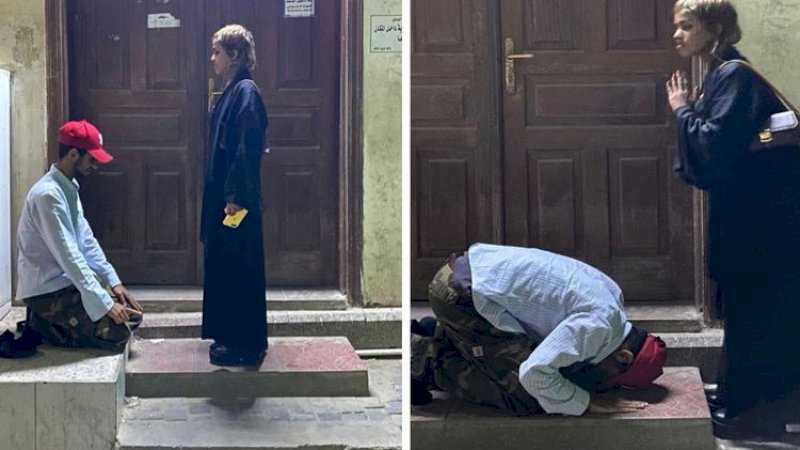 Foto menunjukkan pria Arab Saudi sujud di depan wanita