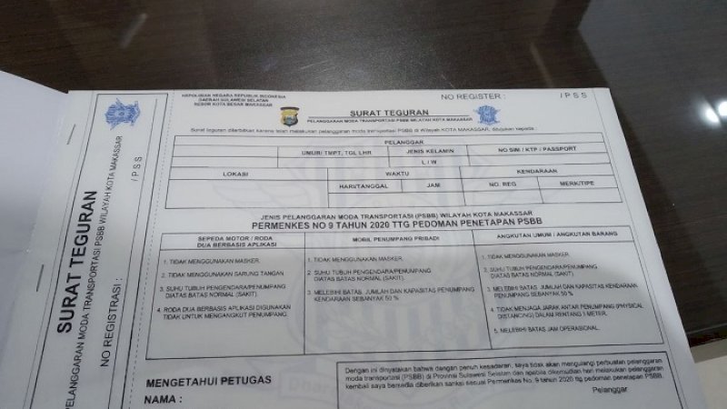 Surat teguran untuk pelanggar PSBB di Makassar.