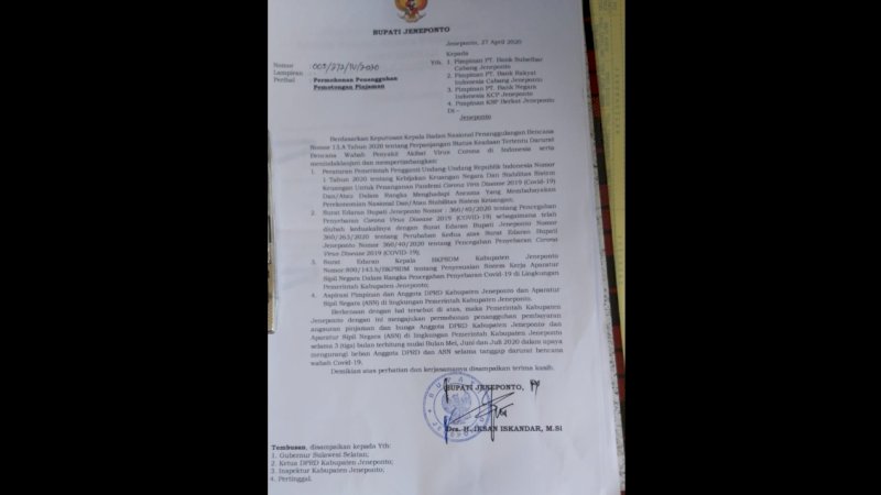 Surat bupati Jeneponto kepada perbankan.