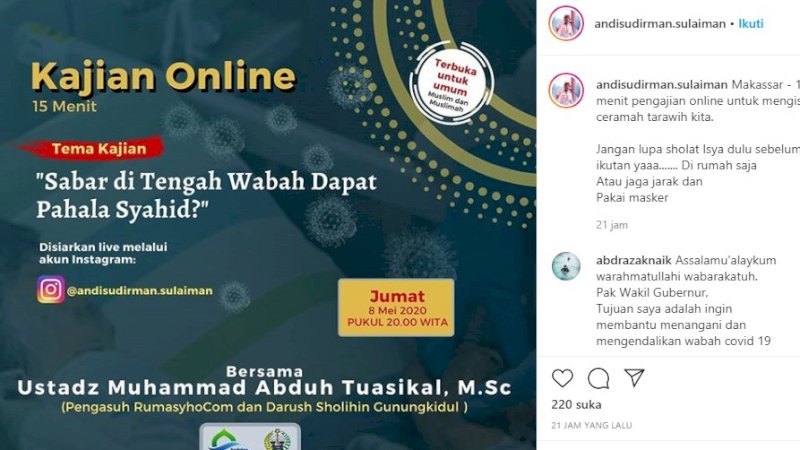 Kajian Online Wagub Sulsel, Ustaz Abduh Tuasikal: Bisa Dapat Pahala Syahid Meski di Rumah