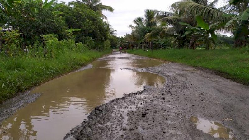 Kondisi Jalan Andi Asia di Dusun Panrenge, Desa Siawung, Kecamatan Barru memperihatinkan. Ruas jalan rusak berat. Lubang menganga di mana-mana.