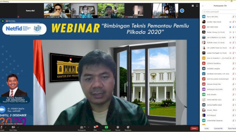 Deputi IV Kantor Staf Presiden (KSP) Juri Ardiantoro menjadi pembicara kunci webinar Bimbingan Teknis Pemantau Pemilu Pilkada 2020 Network for Indonesian Democratic Sociey (Netfid), Sabtu (5/12/2020).