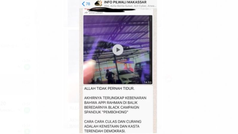 Tangkapan layar di salah satu grup WhatsApp yang memuat video aktivitas di posko induk Appi-Rahman. 