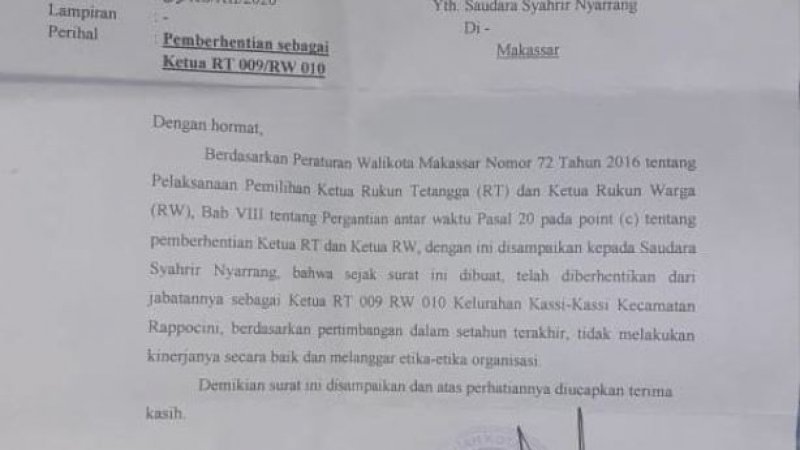 Pasca Pilkada Makassar, Lurah Kassi-Kassi Main Pecat Ketua RT/RW Pendukung ADAMA'