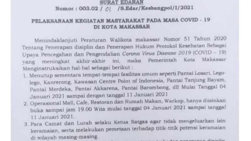 Surat Edaran Pemberlakuan Jam Malam Pemkot Makassar (ist) 