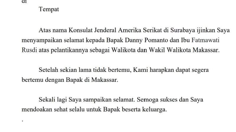 Surat dari Konjen Amerika Serikat untuk Wali Kota Makassar, Moh Ramdhan Pomanto. 