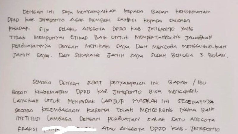 Seorang Perempuan Surati Badan Kehormatan DPRD Jeneponto, Dia Mengaku Hamil, Pelaku Oknum Legislator