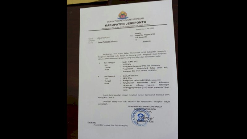 Undangan rapat paripurna istimewa pengambilan sumpah jabatan dan janji Ketua Dewan Perwakilan Rakyat Daerah (DPRD) Kabupaten Jeneponto.