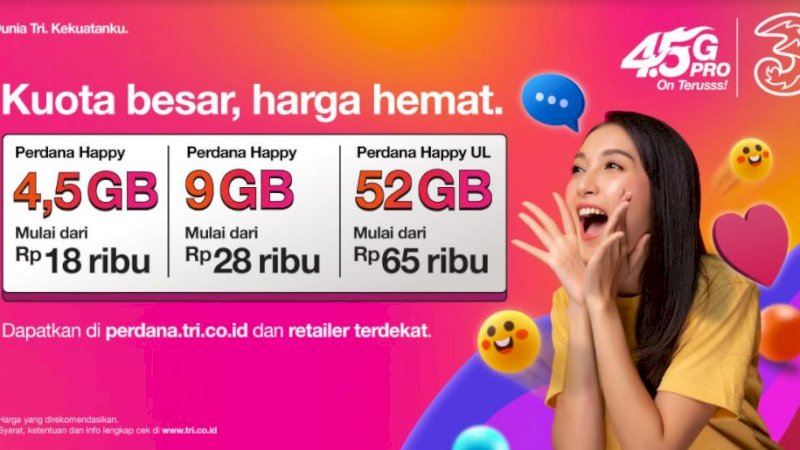 3 Indonesia hadirkan Perdana Happy dengan varian 4,5 GB, 9 GB, dan 52 GB. 