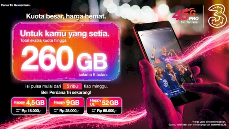 Untuk Kota Makassar dan sekitarnya, 3 Indonesia hadirkan perdana Happy dengan beragam pilihan kuota mulai dari 4,5 GB, 9 GB, hingga Happy Unlimited 52 GB.