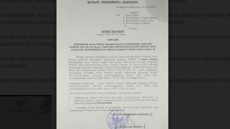 Surat Edaran Bupati Sidrap Nomor: 400/46/VII/Kesra tanggal 16 Juli 2021. 