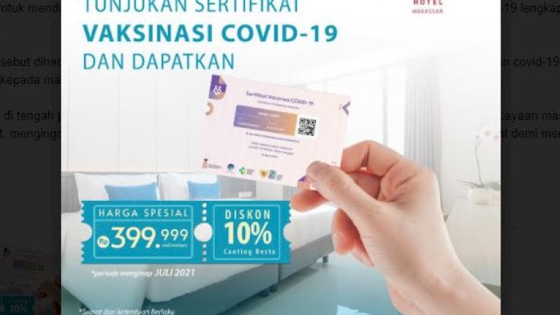 Tunjukkan Sertifikat Vaksinasi COVID-19, Dapat Promo Menginap di Teraskita Hotel Makassar