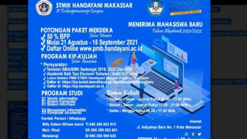 Yuk Daftar Kuliah di STMIK Handayani Makassar, Ada Potongan 50 Persen BPP
