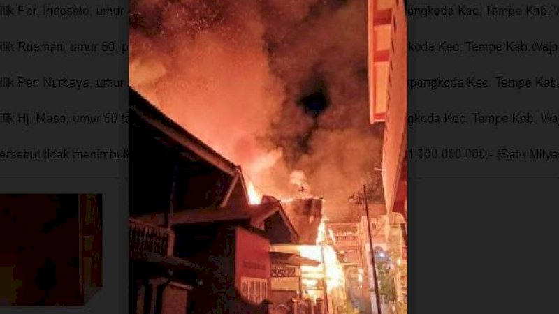 Kebakaran di Jalan Jawa Lorong 2, Kelurahan Lapongkoda, Kecamatan Tempe, Kabupaten Wajo, Sulawesi Selatan, Jumat (27/8/2021) sekitar pukul 00.30 Wita.