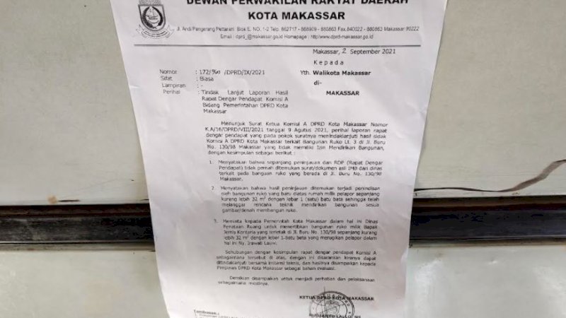 Surat rekomendasi DPRD Kota Makassar.