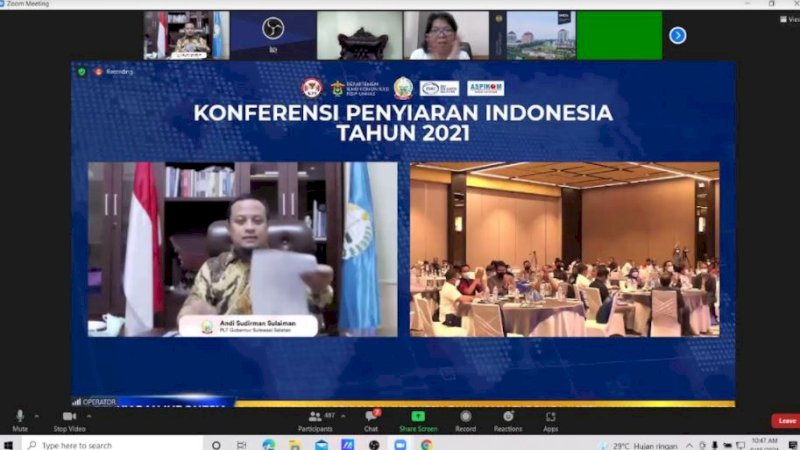 Pelaksana Tugas Gubernur Sulawesi Selatan, Andi Sudirman Sulaiman, membuka secara resmi Konferensi Penyiaran Indonesia 2021 yang digelar secara virtual, Rabu (15/9/2021).