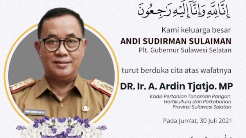 Kadis Pertanian Berpulang, Plt Gubernur Sulsel Sampaikan Belasungkawa yang Dalam