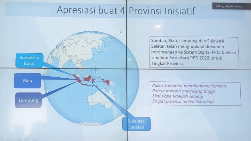 Kementerian Perencanaan Pembangunan Nasional (PPN)/Bappenas mengapresiasi empat Provinsi di Indonesia yang telah mengupload dokumen perencanaan ke sistem digital PPD (Penghargaan Pembangunan Daerah).