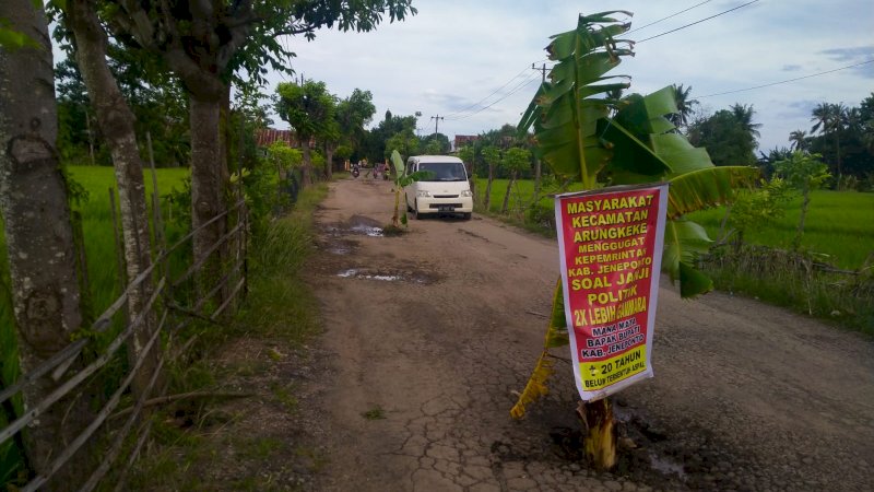Jalan Rusak Tak Kunjung Diperbaiki, Warga Desa Palajau Jeneponto Tanam Pohon Pisang di Jalan