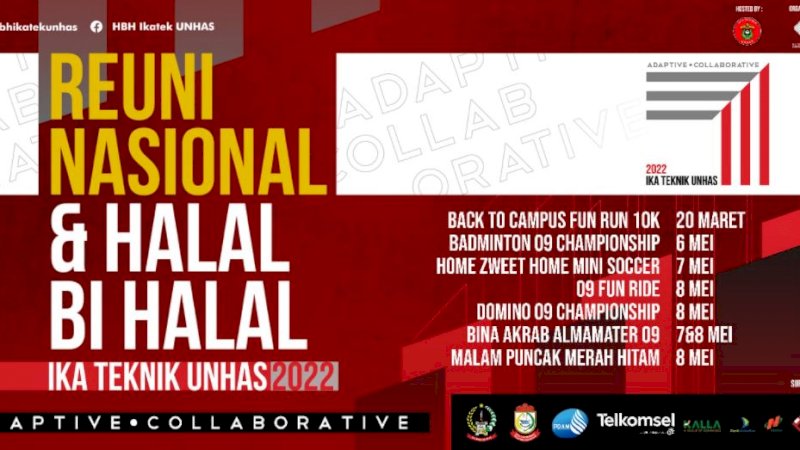 Reuni nasional dan halalbihalal Ikatan Alumni Teknik Universitas Hasanuddin (IKA Teknik Unhas) akan digelar kembali tahun ini.