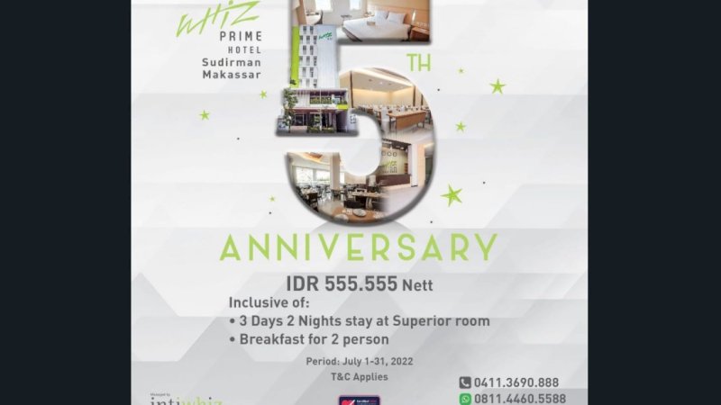 Sepanjang Juli 2022, Hotel Whiz Prime Sudirman memberikan paket promo kamar Rp555 ribu untuk 3H2M atau menginap menginap 3 hari dan 2 malam. 