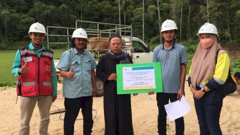 Penyerahan hewan kurban oleh PT Vale Indonesia Tbk. di salah satu desa penerima.