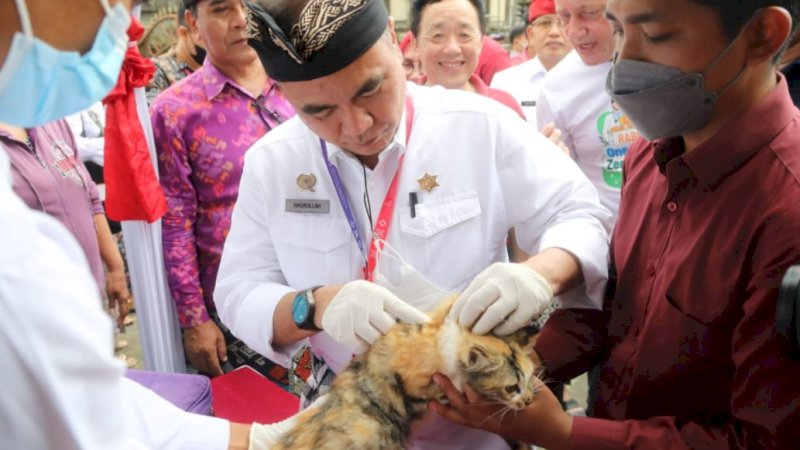 Kementerian Pertanian (Kementan) melakukan gerakan vaksinasi massal pada World Rabies Day ”Rabies: One Health Zero Deaths”, di Tabanan, Bali, Kamis (29/9/2022).