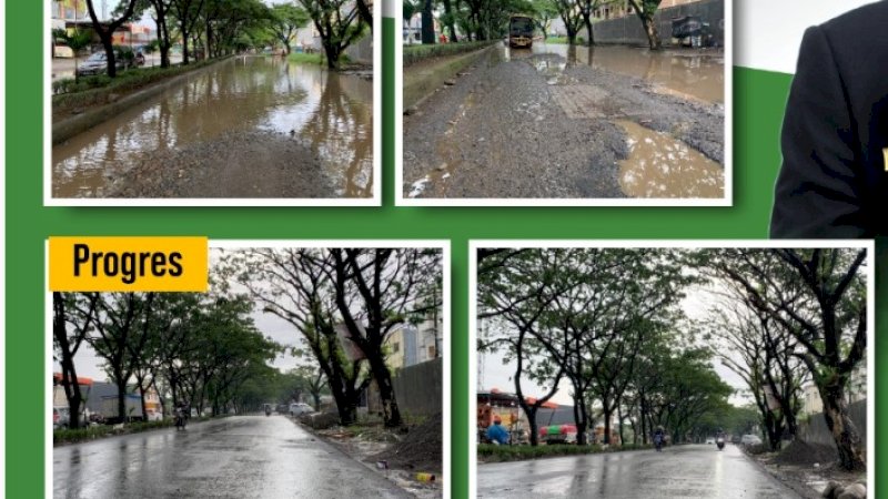 Penampakan ruas Jalan Tun Abdul Razak, Kabupaten Gowa, sebelum dan saat ini yang tengah tahap pengaspalan. 