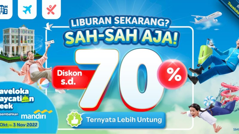 Lebih untung dengan #TravelokaStaycationWeek 2022 diskon sampai 70 persen untuk berbagai produk Traveloka! Periode booking 21 Oktober - 3 November 2022. 