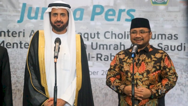 Menteri Agama (Menag) Yaqut Cholil Qoumas hari ini menerima kunjungan Menteri Haji dan Umrah Arab Saudi Tawfiq F Al Rabiah. (foto: Kemenag RI)