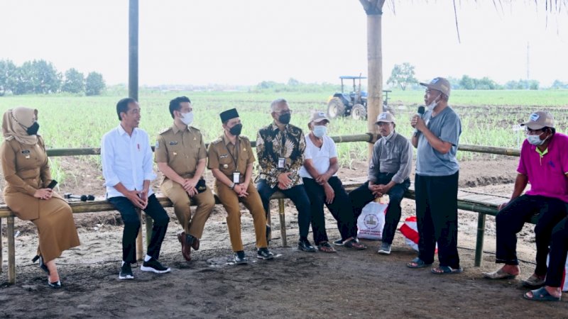 Presiden Joko Widodo (Jokowi) berdialog dengan pakar tebu dari Brasil, dr. Plinio, beserta petani tebu di Kebun Tebu Temu Giring, Kabupaten Mojokerto, Jawa Timur, Jumat (4/11/2022). (Foto: BPMI Setpres)