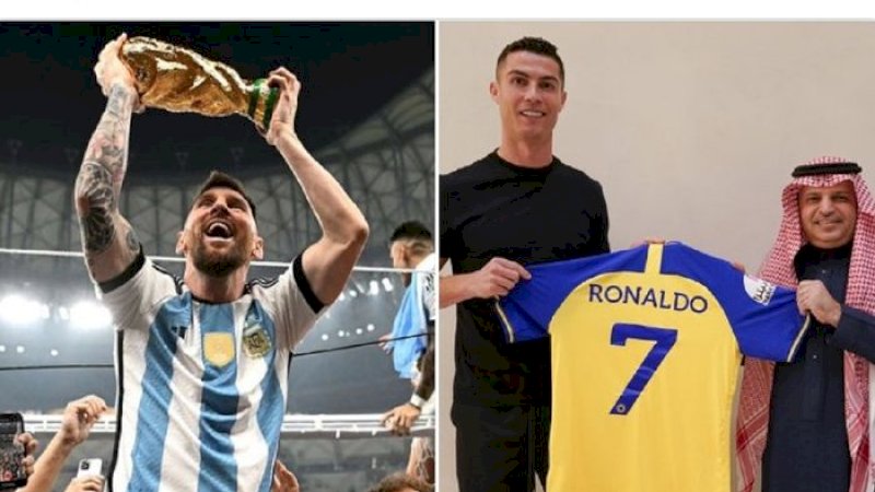 Lionel Messi dan Cristiano Ronaldo memiliki nasib yang berbeda di tahun 2022. (TWITTER.COM/BILLIE_T)