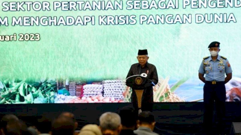 Wakil Presiden (Wapres) RI, Ma’ruf Amin saat membuka Rapat Kerja Nasional (Rakernas) Pembangunan Pertanian 2023, di Hotel Bidakara, Jakarta, Rabu (25/01/2023).