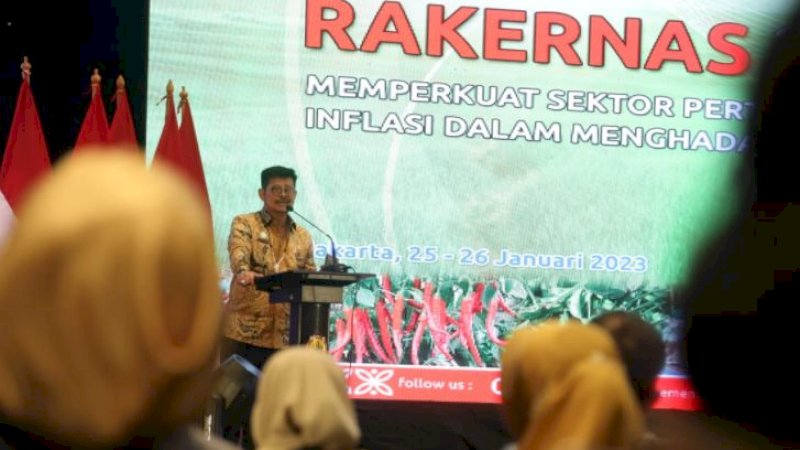 Menteri Pertanian (Mentan) RI, Syahrul Yasin Limpo (SYL), pada Rapat Kerja Nasional (rakernas) Pembangunan Pertanian 2023 di Hotel Bidakara Jakarta, Rabu (25/1/2023).