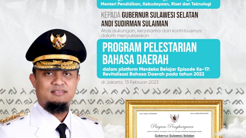 Gubernur Andi Sudirman Raih Penghargaan atas Pelestarian Bahasa Daerah