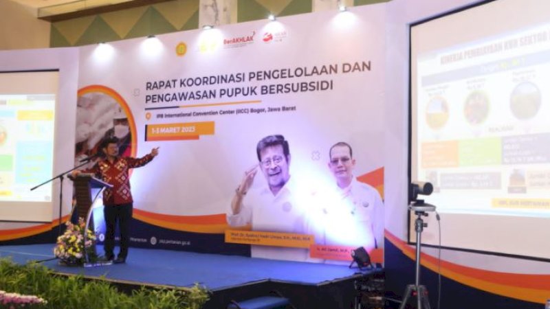 Menteri Pertanian (Mentan), Syahrul Yasin Limpo (SYL), dalam pembukaan Rapat Koordinasi Pengelolaan dan Pengawasan Pupuk Bersubsidi 2023 di Bogor, Rabu (1/3/2023).