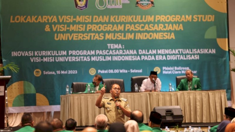 Wali Kota Makassar, Mohammad Ramdhan Pomanto (Danny), menjadi pemateri dalam Lokakarya Visi Misi dan Kurikulum Program Pascasarjana Universitas Muslim Indonesia (UMI) di Hotel Claro, Selasa (16/5/2023).