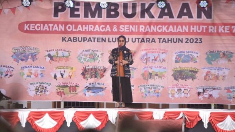 Bupati Luwu Utara, Indah Putri Indriani, saat pembukaan rangkaian kegiatan memeriahkan peringatan hari ulang tahun (HUT) ke-78 kemerdekaan Republik Indonesia (RI), Jumat (11/8/2023). (Foto: Pemkab Luwu Utara)