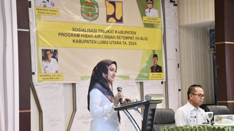 Bupati Luwu Utara, Indah Putri Indriani, pada kegiatan Sosialisasi Program H-ALS di Aula La Galigo Kantor Bupati Luwu Utara, Rabu (31/1/2024). (Foto: Pemkab Luwu Utara)