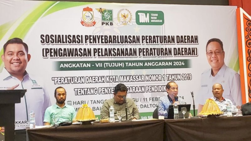 Sosialisasi Peraturan Daerah (Perda) Nomor 1 Tahun 2019 terkait Penyelenggaraan Pendidikan, di Hotel Dalton, Jalan Perintis Kemerdekaan, Makassar, Ahad (11/2/2024).