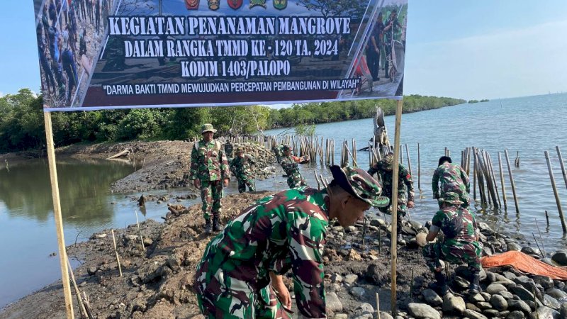 Satgas TMMD Palopo melakukan penanaman Mangrov sebagai upaya menanggulangi Abrasi