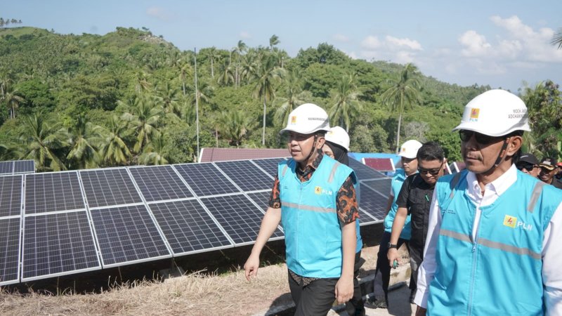 Bupati Selayar, Muh. Basli Ali  (kiri) dan General Manager PLN Unit Induk Distribusi Sulawesi Selatan, Sulawesi Tenggara, dan Sulawesi Barat, Moch. Andy Adchaminoerdin  (kanan) tengah melakukan kunjungan ke _site_ PLTS Tanamalala.