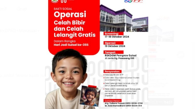 Pemprov Sulsel Akan Gelar Operasi Celah Bibir dan Celah Lelangit Gratis